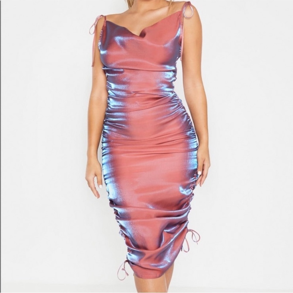 NWT Pretty Little Thing Pink Metallic Cowl Neck Maxi Dress Sz 6